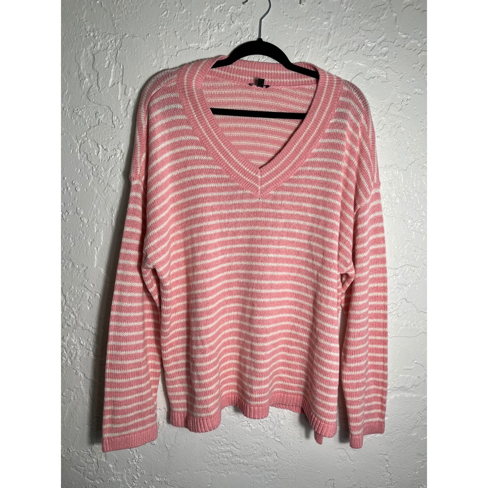 Talbots Womens XL Pink White Striped V-Neck Linen Cotton Blend Knit Sweater